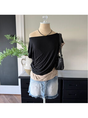 Black & Beige Off Shoulder Boat Neck Top Soft Minimalist Chic Size M